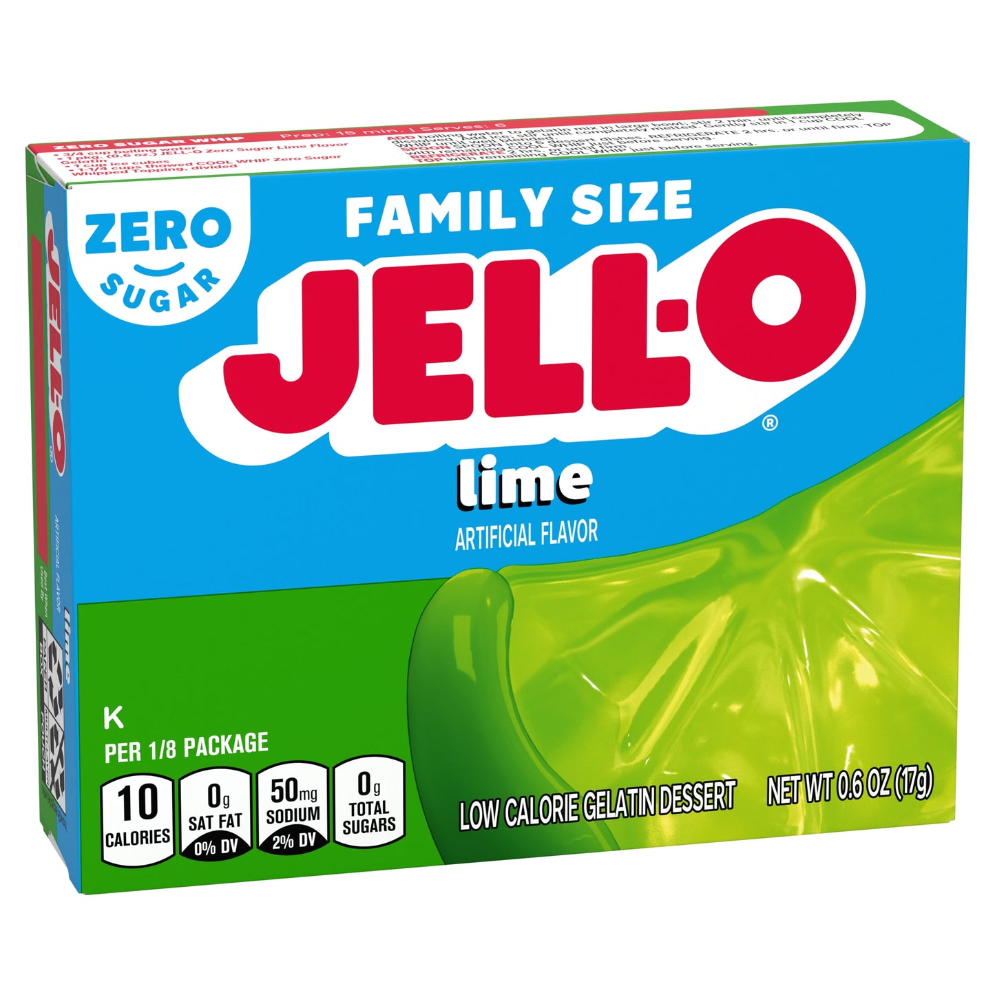 Jell-O Lime Artificially Flavored Zero Sugar Low Calorie Gelatin Dessert Mix, Family Size, 0.6 oz Box