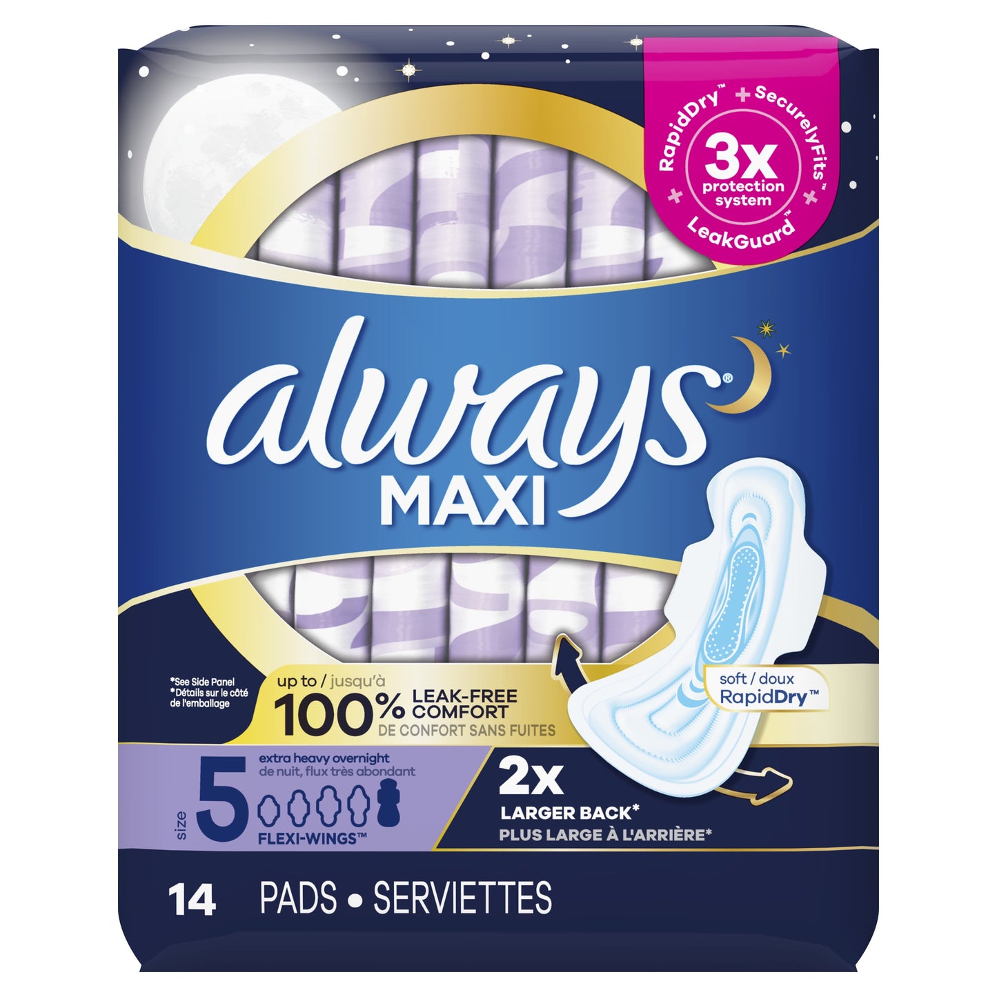 Always Maxi Pads with Wings, Size 5, Extra Heavy Overnight Absorbency, 14 CT