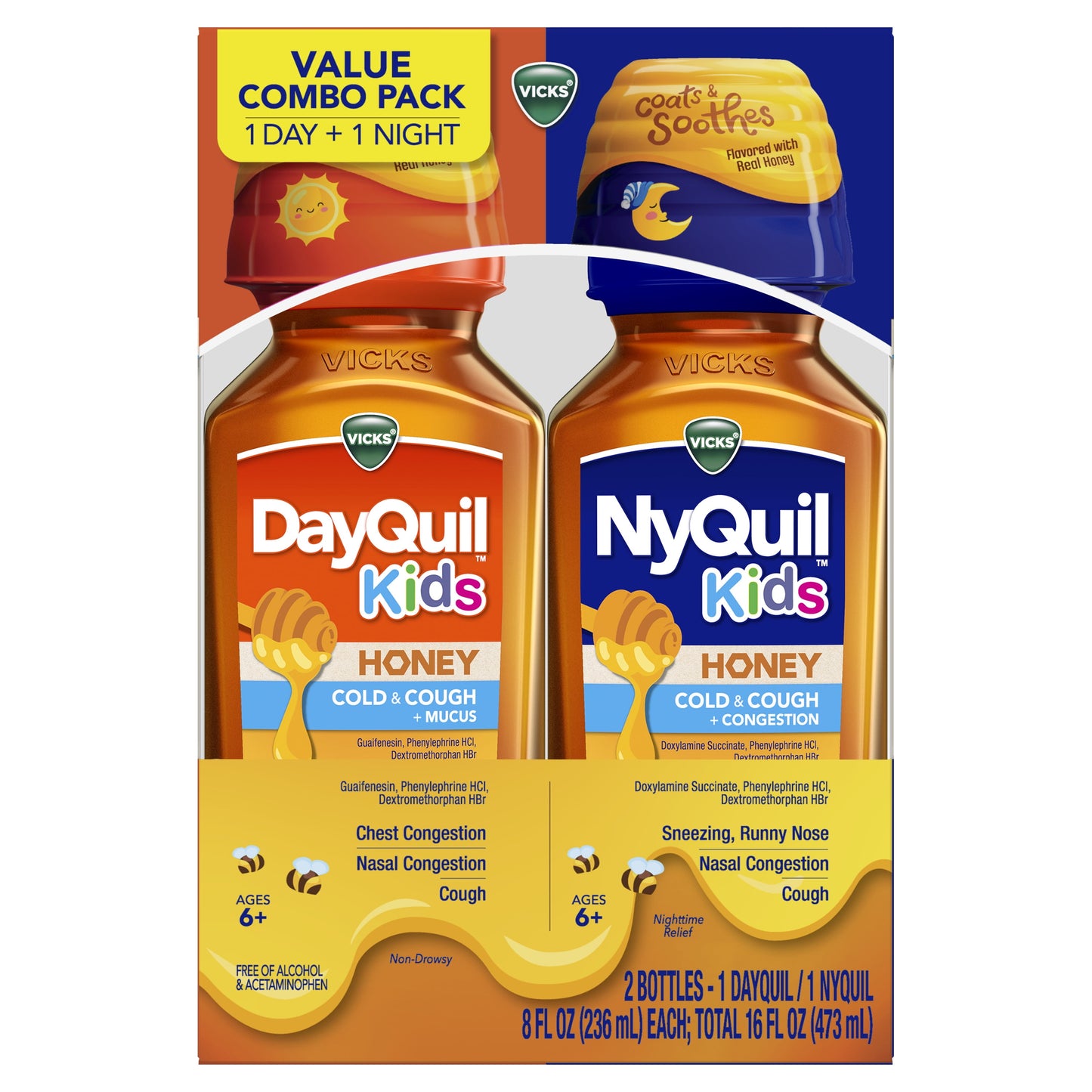 Vicks DayQuil Kids & NyQuil Kids Cold & Cough Relief LIquid, Over-the-Counter Medicine, Honey, 2x8 oz