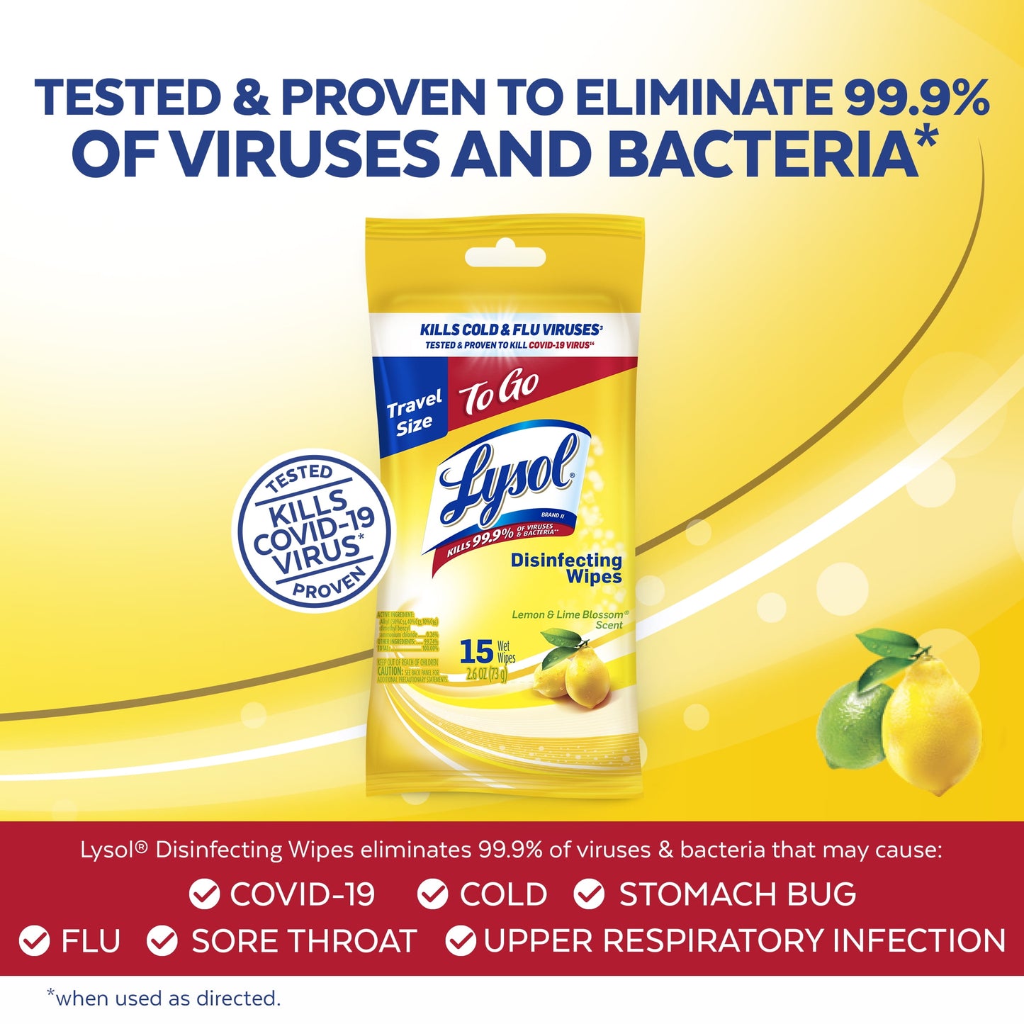 Lysol To Go Disinfectant Wipes, Travel Size Multi-Surface Antibacterial Cleaning Wipes, For On the Go Disinfecting and Cleaning, Lemon and Lime Blossom, 15ct Count