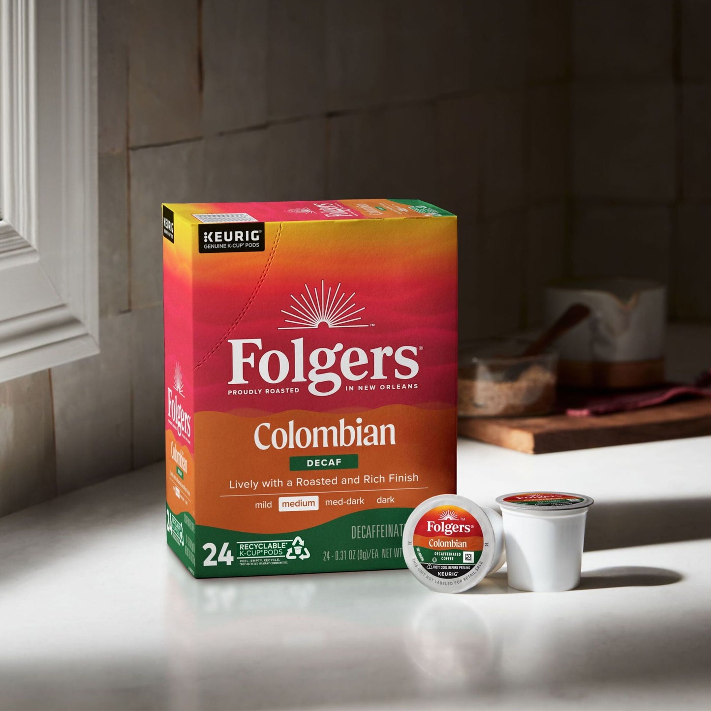 Folgers Colombian Decaffeinated Coffee, Medium Roast, Keurig K-Cup Brewers, 24 Count Box