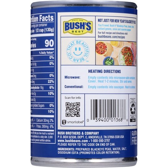 Bush's Blackeye Peas, Canned Black Eyed Peas, 15.8 oz