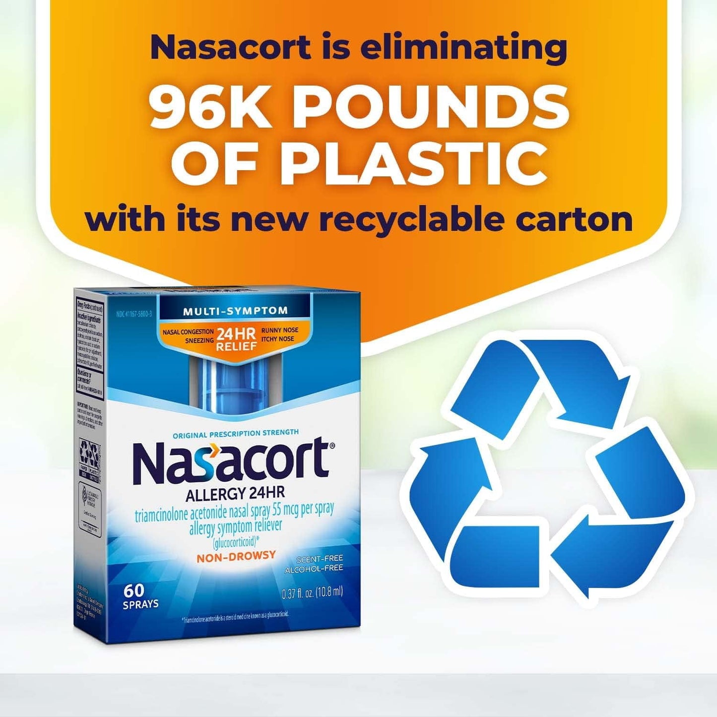 Nasacort 24HR Allergy Nasal Spray for Adults, Non-drowsy & Alcohol Free, 60 Sprays, 0.37 fl. oz.