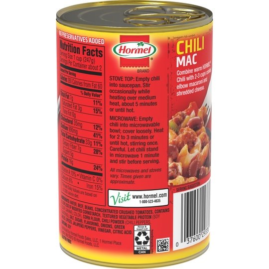 HORMEL Chili Chunky Beef Chili with Beans, No Artificial Ingredients, 15 oz Aluminum Can