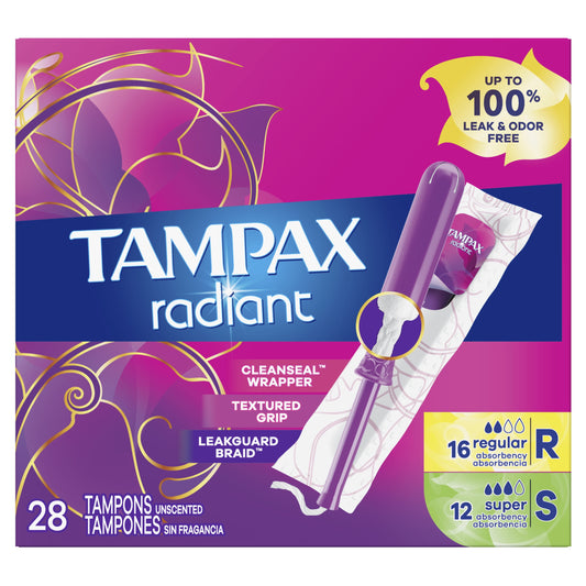 Tampax Radiant Tampons Duo Pack with LeakGuard Braid, Regular/Super Absorbency, 28 Ct