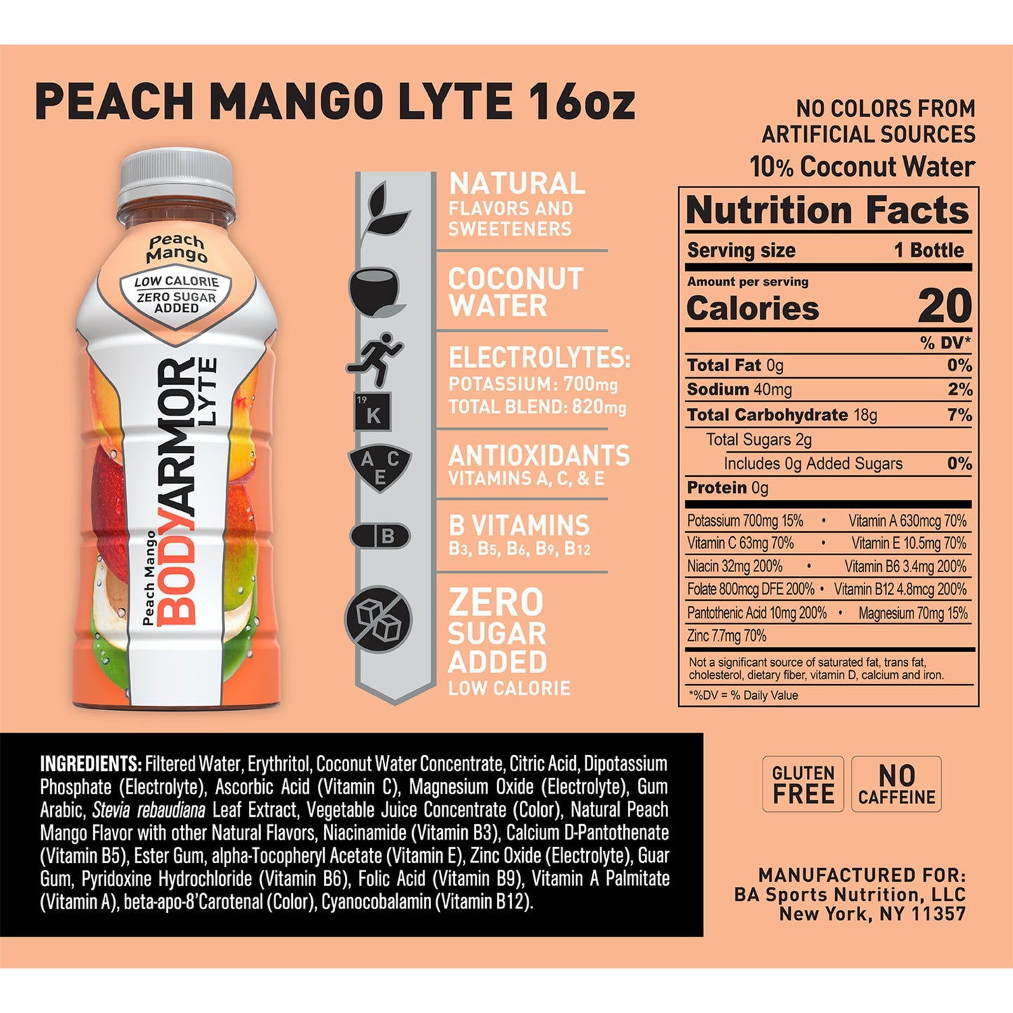 BODYARMOR LYTE Sports Drink, Peach Mango, 16 Fl. Oz., 1 count