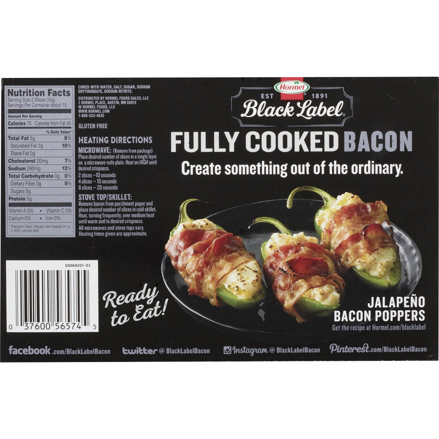 HORMEL BLACK LABEL Pork Bacon, Fully Cooked, Family Pack, 7.56 oz PlasticPackage