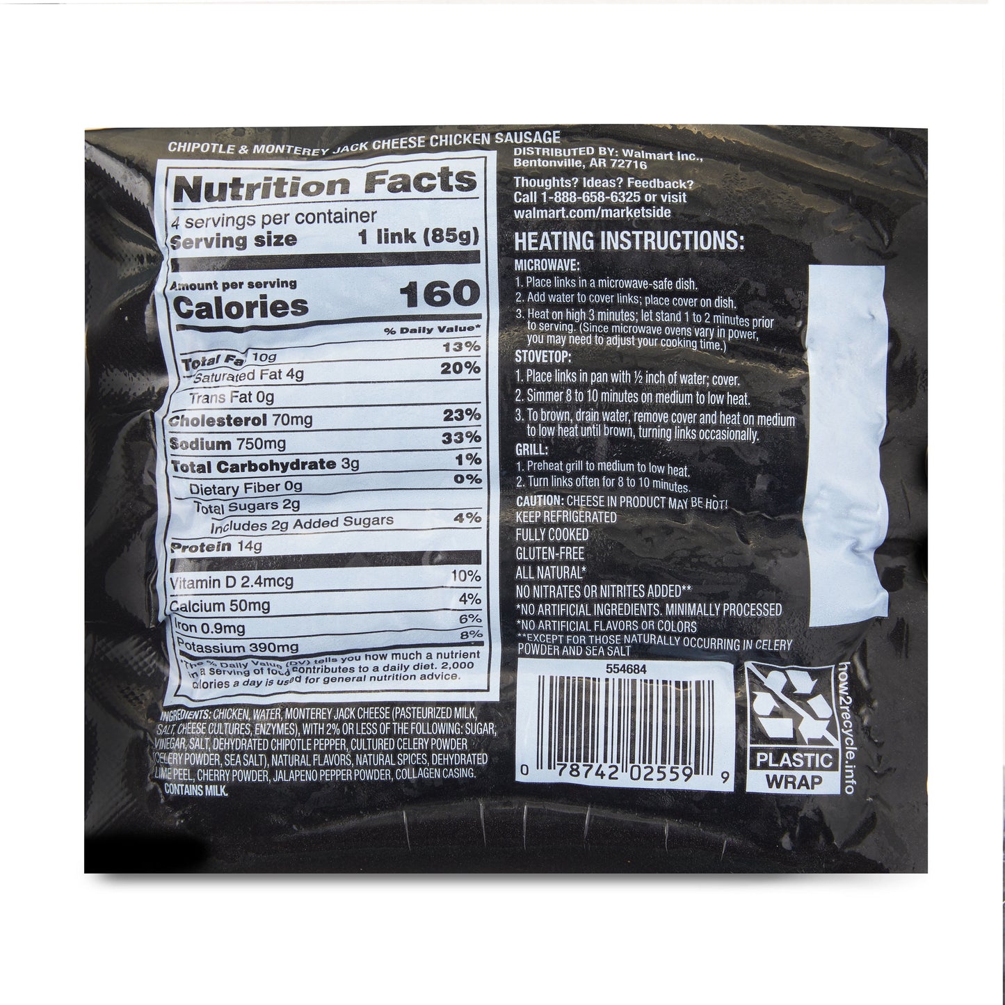 Marketside All Natural Fully Cooked Gluten Free Chipotle & Monterey Cheese Chicken Sausage 12oz, 4 Count, (Refrigerated), Plastic Film