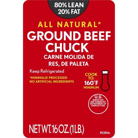 All Natural* 80% Lean/20% Fat Ground Beef Chuck, 1 lb Tray