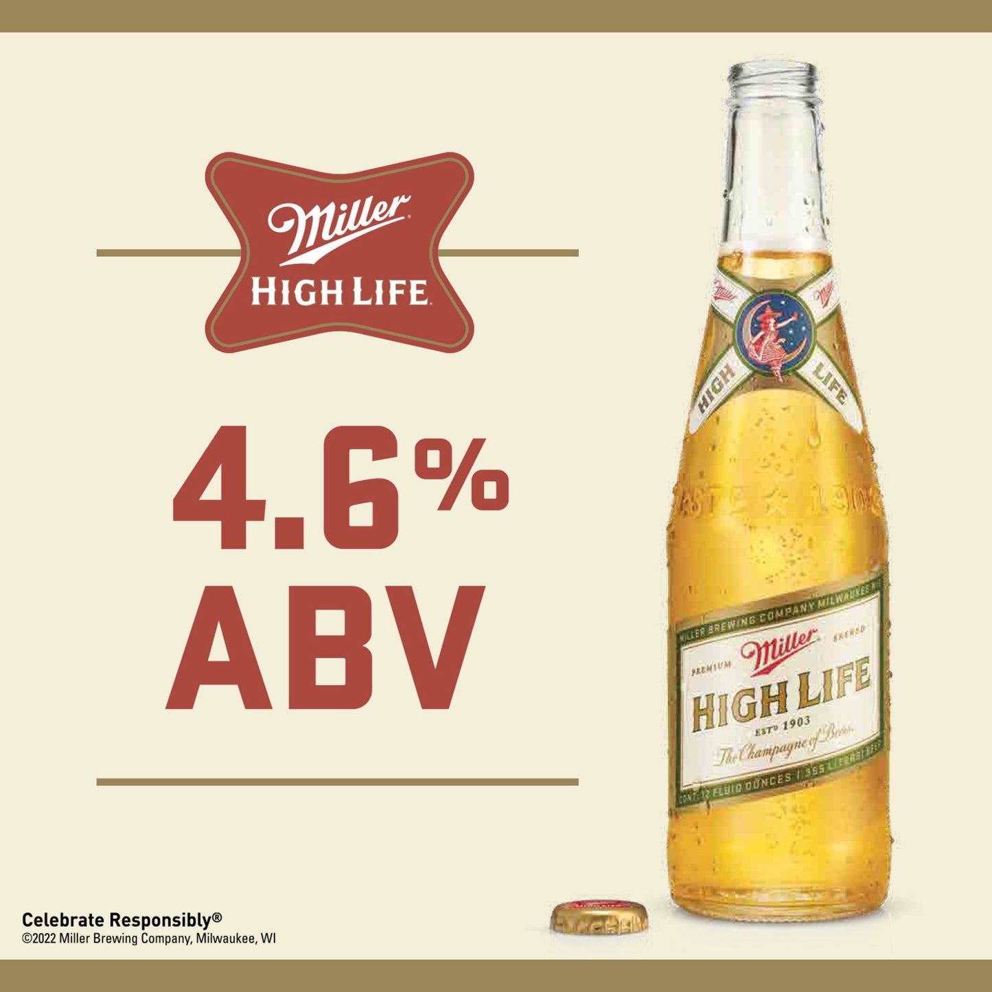 Miller High Life Lager Beer, 6 Pack, 12 fl oz Bottles, 4.6% ABV