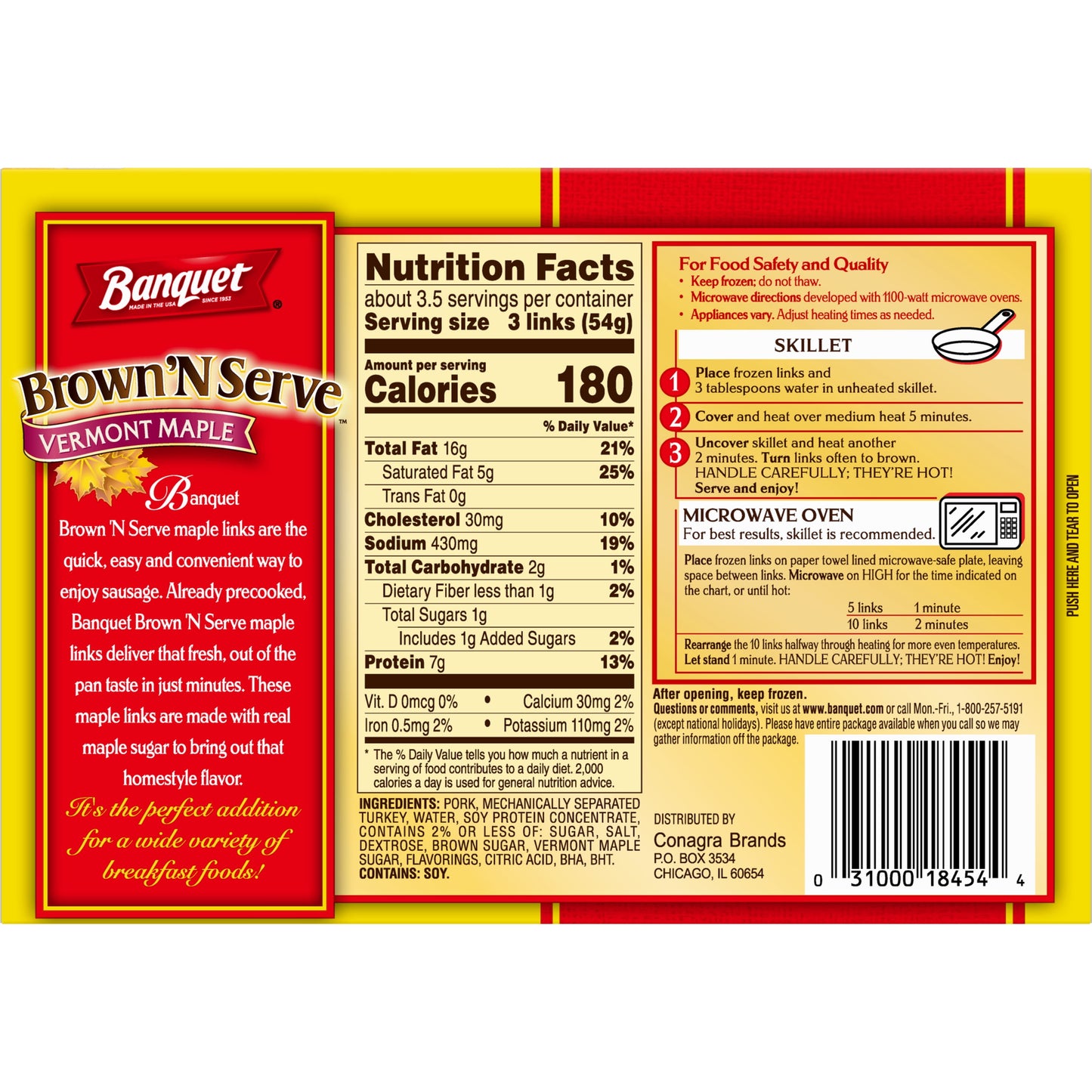 Banquet Brown 'N Serve Fully Cooked Vermont Maple Sausage Links, 6.4 oz, 10 Count (Frozen)