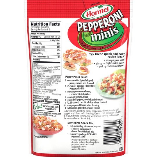 HORMEL, Beef - Pork Pepperoni Minis, Pizza Topping, Gluten Free, Original, 5 oz Plastic Resealable Package