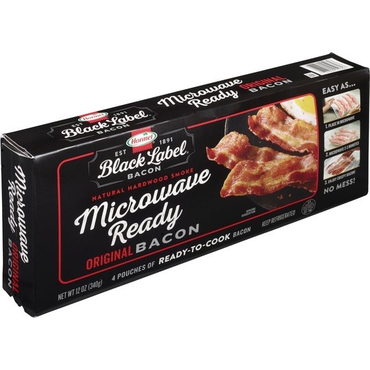 HORMEL BLACK LABEL Microwave Ready Pork Bacon, Gluten Free, 12 oz Plastic Pouch (4 Pouches per Pack)