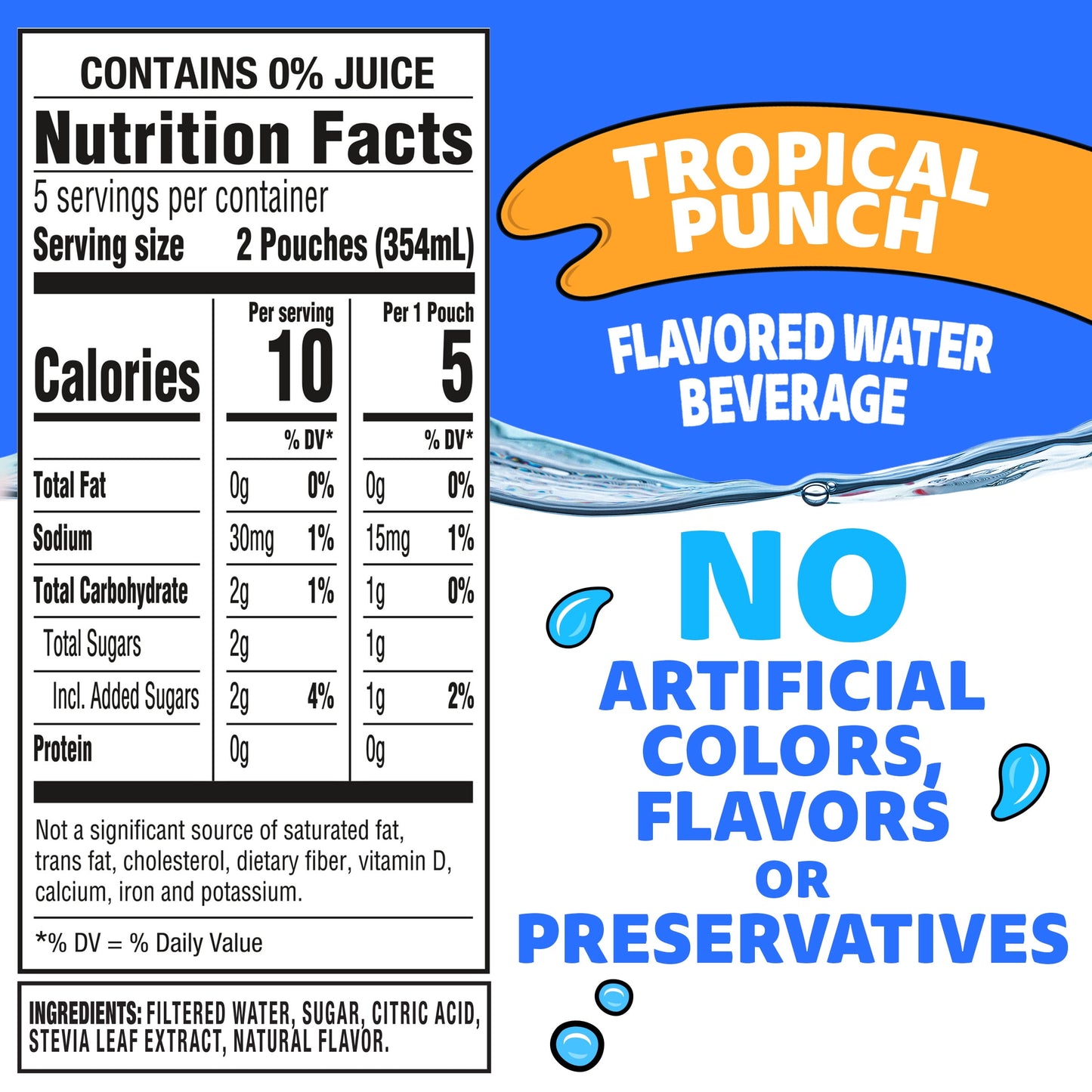 Capri Sun Roarin' Waters Tropical Tide Flavored Water Kids Drink Pouches, 10 Ct Box, 6 fl oz Pouches