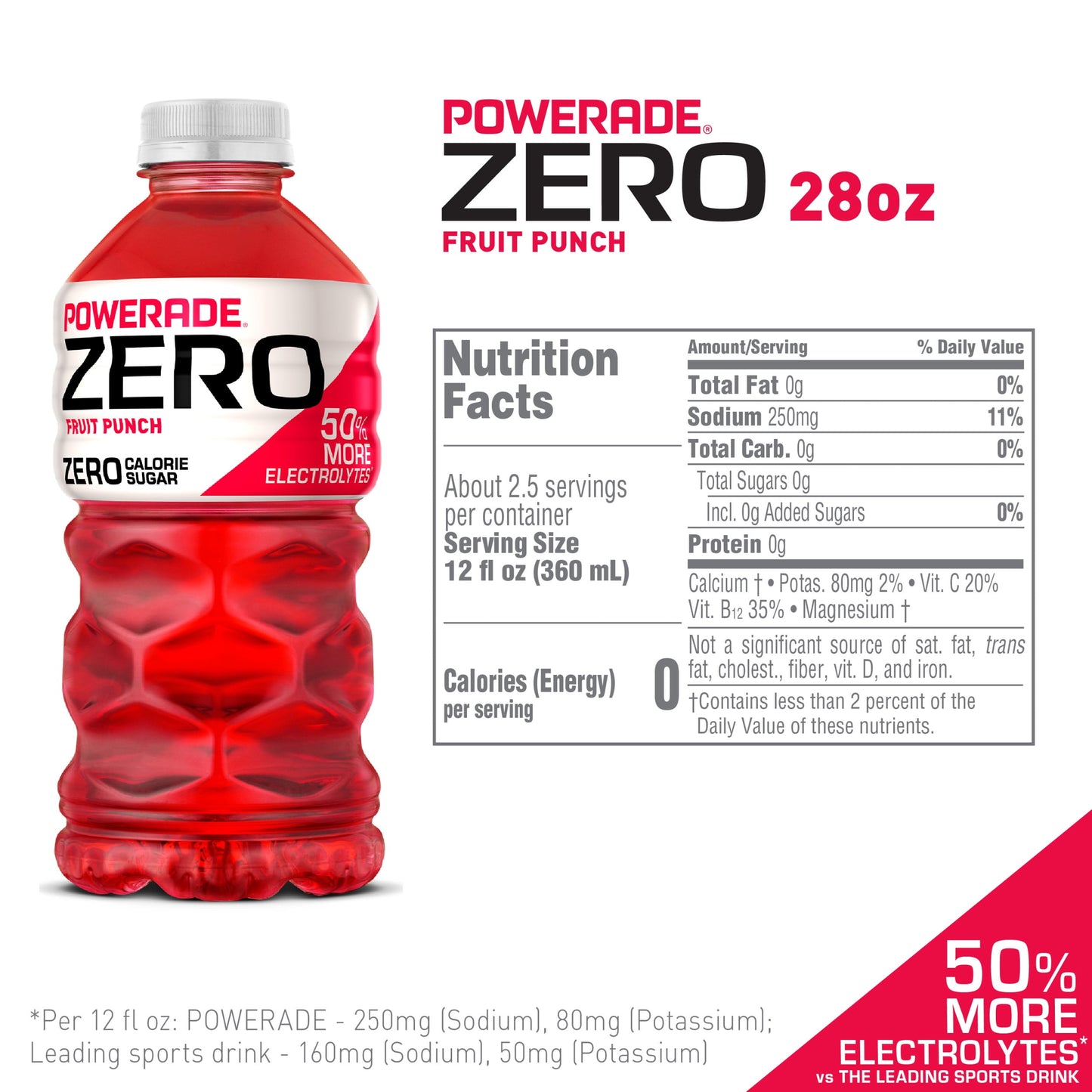 POWERADE Electrolyte Enhanced Zero Sugar Fruit Punch Sport Drink, 28 fl oz, Bottle