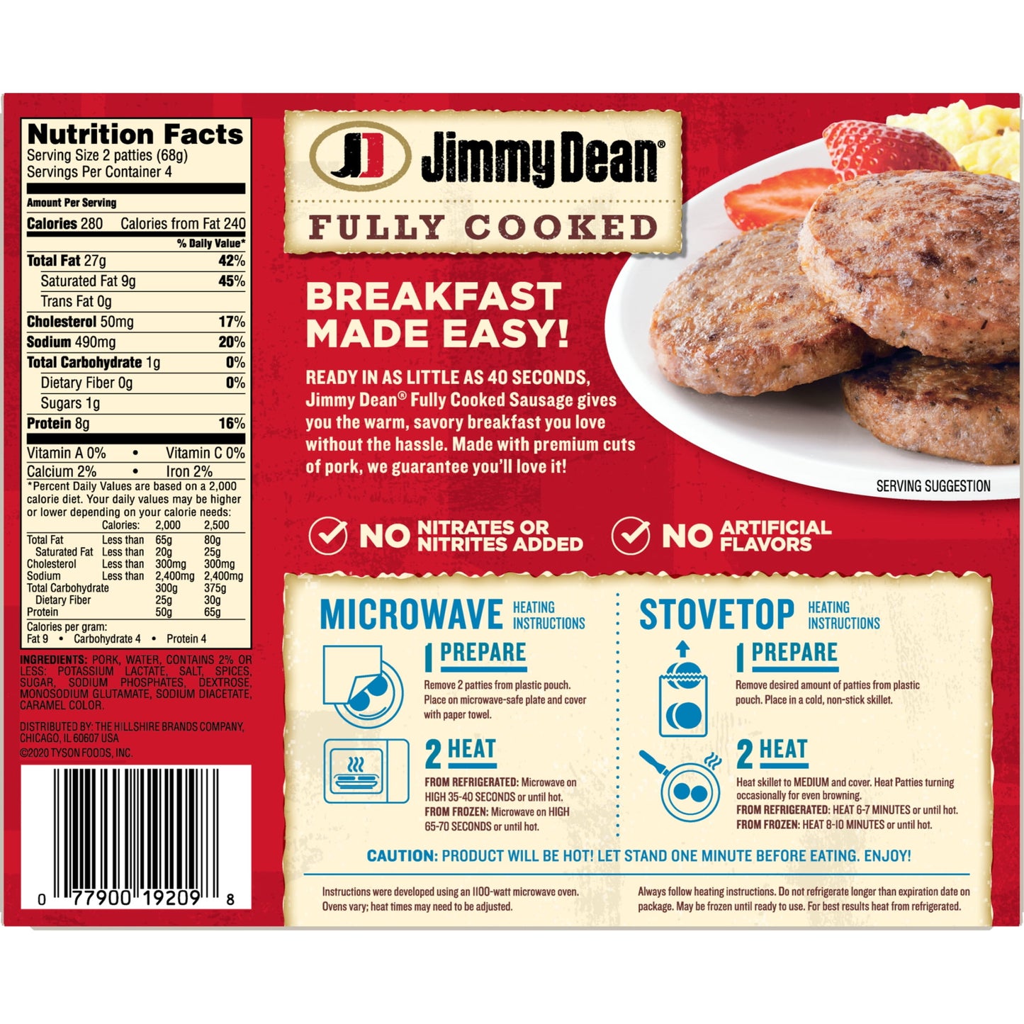 Jimmy Dean Fully Cooked Original Pork Sausage Patties, 9.6 oz, 8 Count