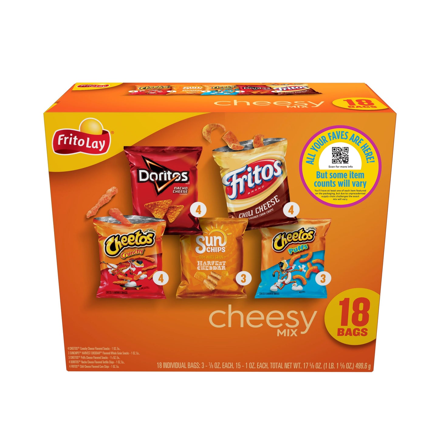 Frito-Lay Cheesy Snack Chips Variety Pack, 18 Count