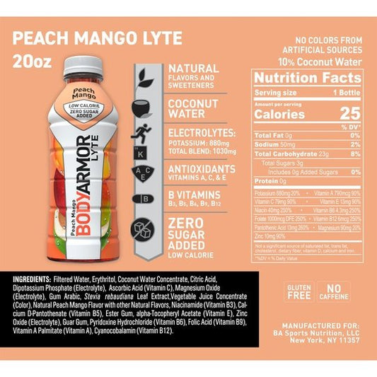 BODYARMOR LYTE Peach Mango, 20 fl oz, 6 Pack