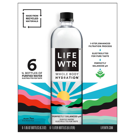 LIFEWTR Purified Water, 1 Liter, 6 Pack Bottles