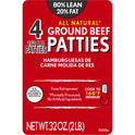 All Natural* 80% Lean/20% Fat Ground Beef Patties, 4 Count, 2 lb Tray