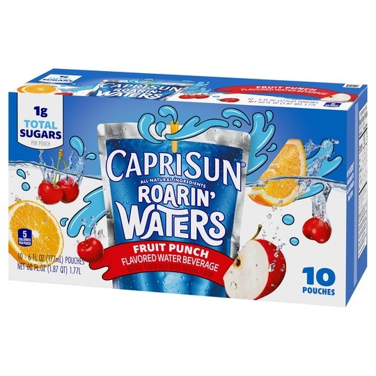 Capri Sun Roarin' Waters Fruit Punch Wave Flavored Water Kids Drink Pouches, 10 Ct Box, 6 fl oz Pouches