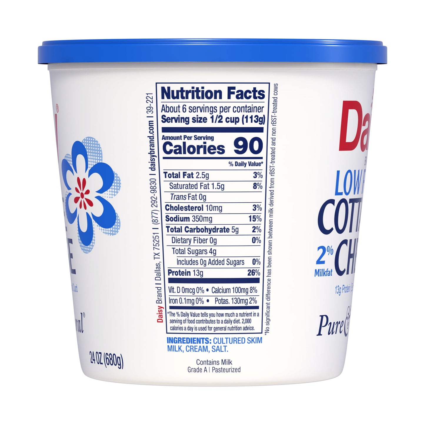 Daisy Pure and Natural Low Fat Cottage Cheese, 2% Milkfat, 24 oz (1.5 lb) Tub (Refrigerated) - 13g of Protein per serving