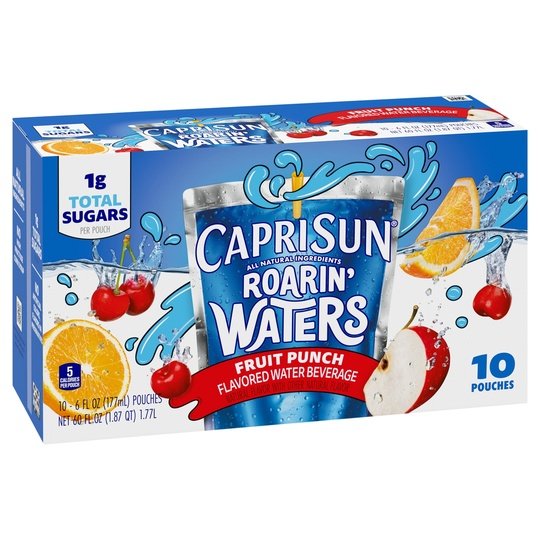 Capri Sun Roarin' Waters Fruit Punch Wave Flavored Water Kids Drink Pouches, 10 Ct Box, 6 fl oz Pouches