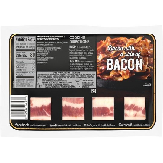 HORMEL BLACK LABEL Pork Bacon, Center Cut, Gluten Free, 12 oz Plastic Package