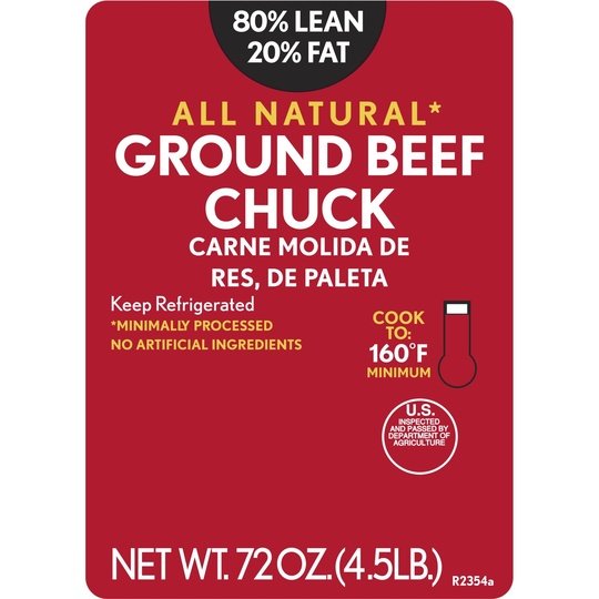 All Natural* 80% Lean/20 % Fat Ground Beef, 4.5 lb Tray