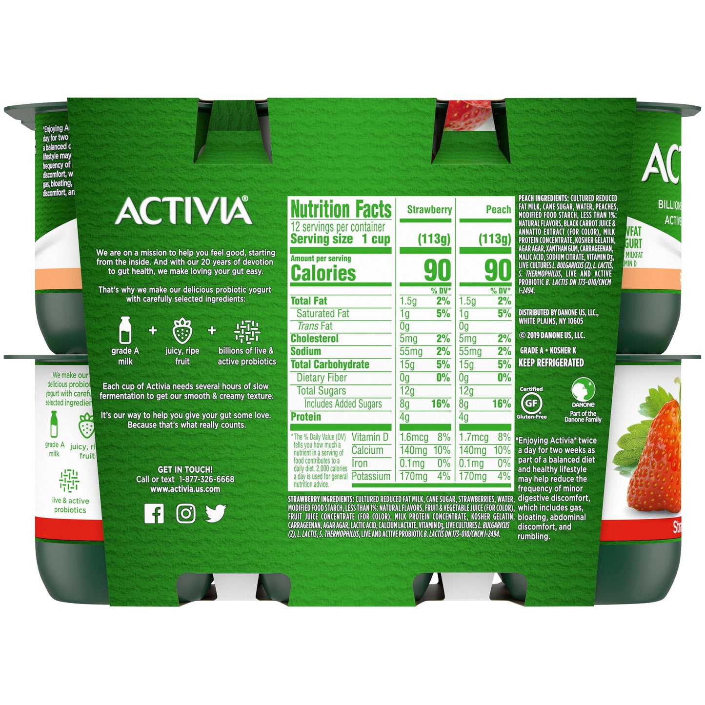 Activia Peach and Strawberry Probiotic Yogurt, Lowfat Yogurt Cups, 4 oz, 12 Count