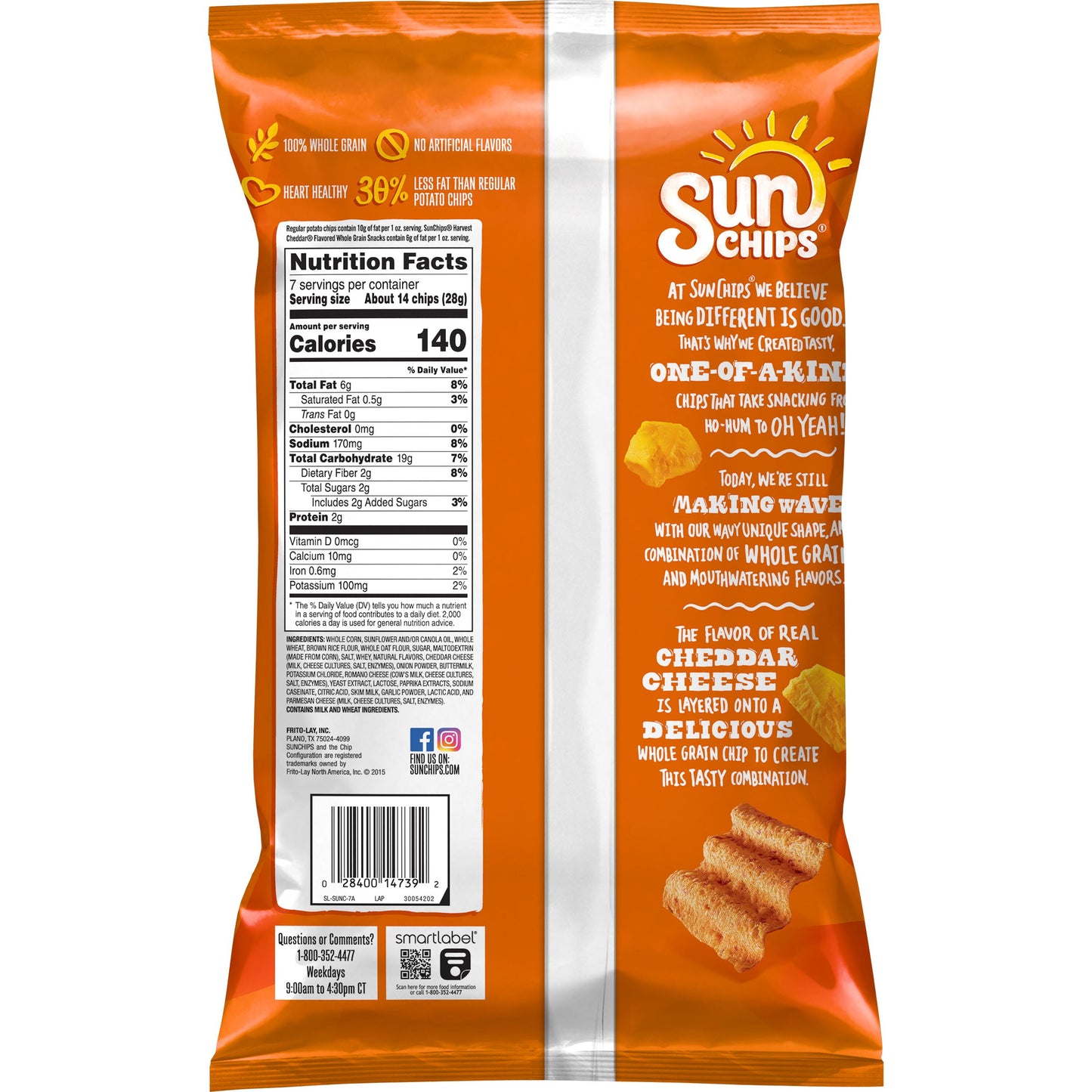 SunChips Harvest Cheddar Whole Grain Snacks, 7 oz Bag