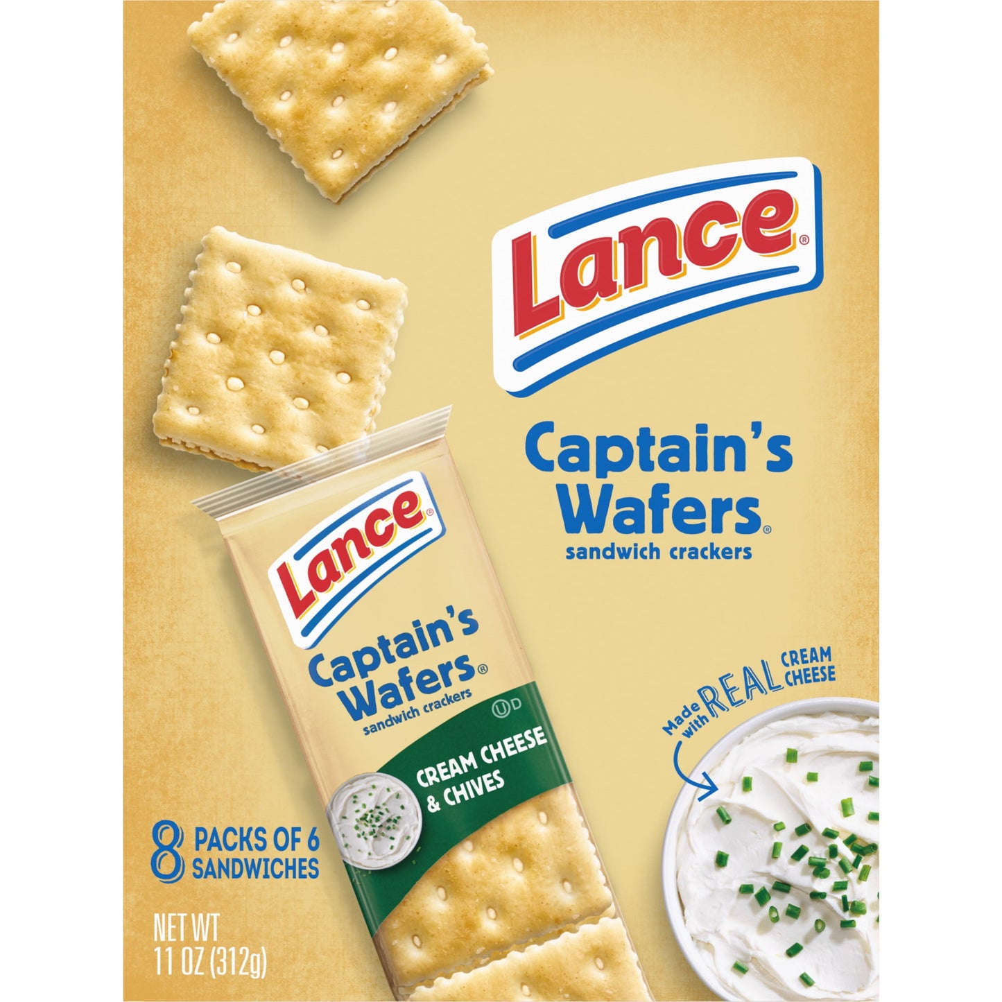 Lance Sandwich Crackers, Captain's Wafers Cream Cheese and Chives, 8 Packs, 6 Sandwiches Each