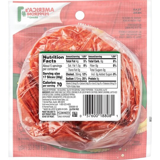 HORMEL, Turkey Pepperoni, Pizza Topping, Gluten Free, Original, 5 Oz Bag