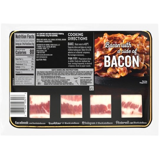 HORMEL BLACK LABEL Pork Bacon, Center Cut, Gluten Free, 12 oz Plastic Package