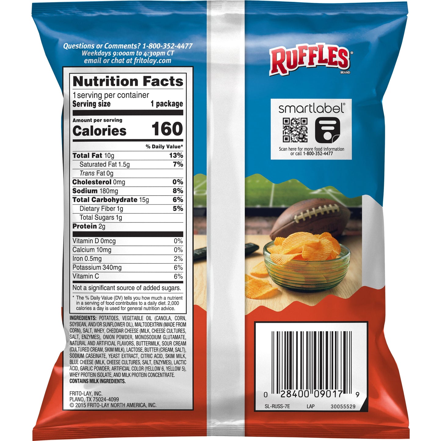 Ruffles Potato Chips Cheddar & Sour Cream Flavored Snack Chips, 1 oz Bag