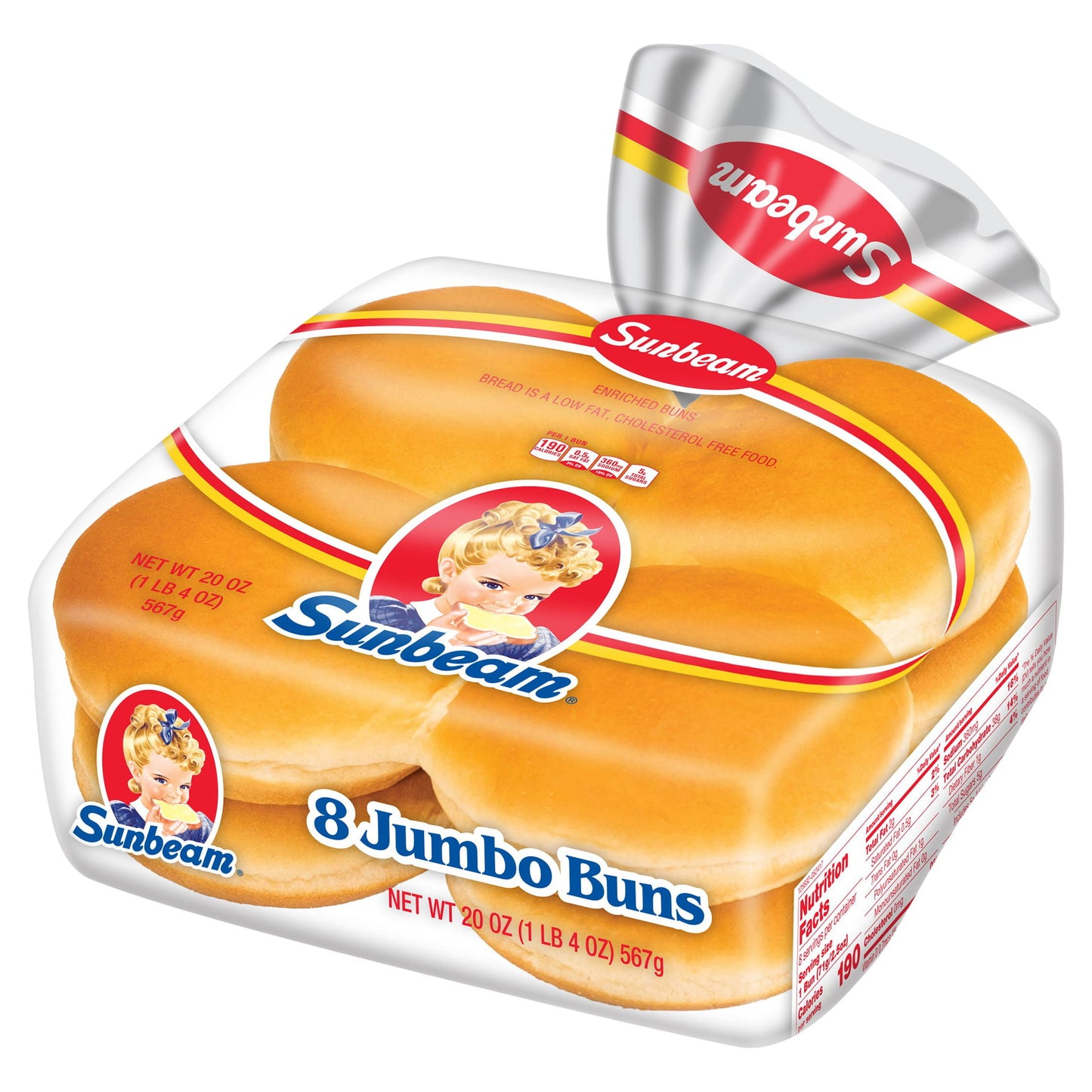 Sunbeam Jumbo Hamburger Buns, Enriched White Bread Burger Buns, 8 Count