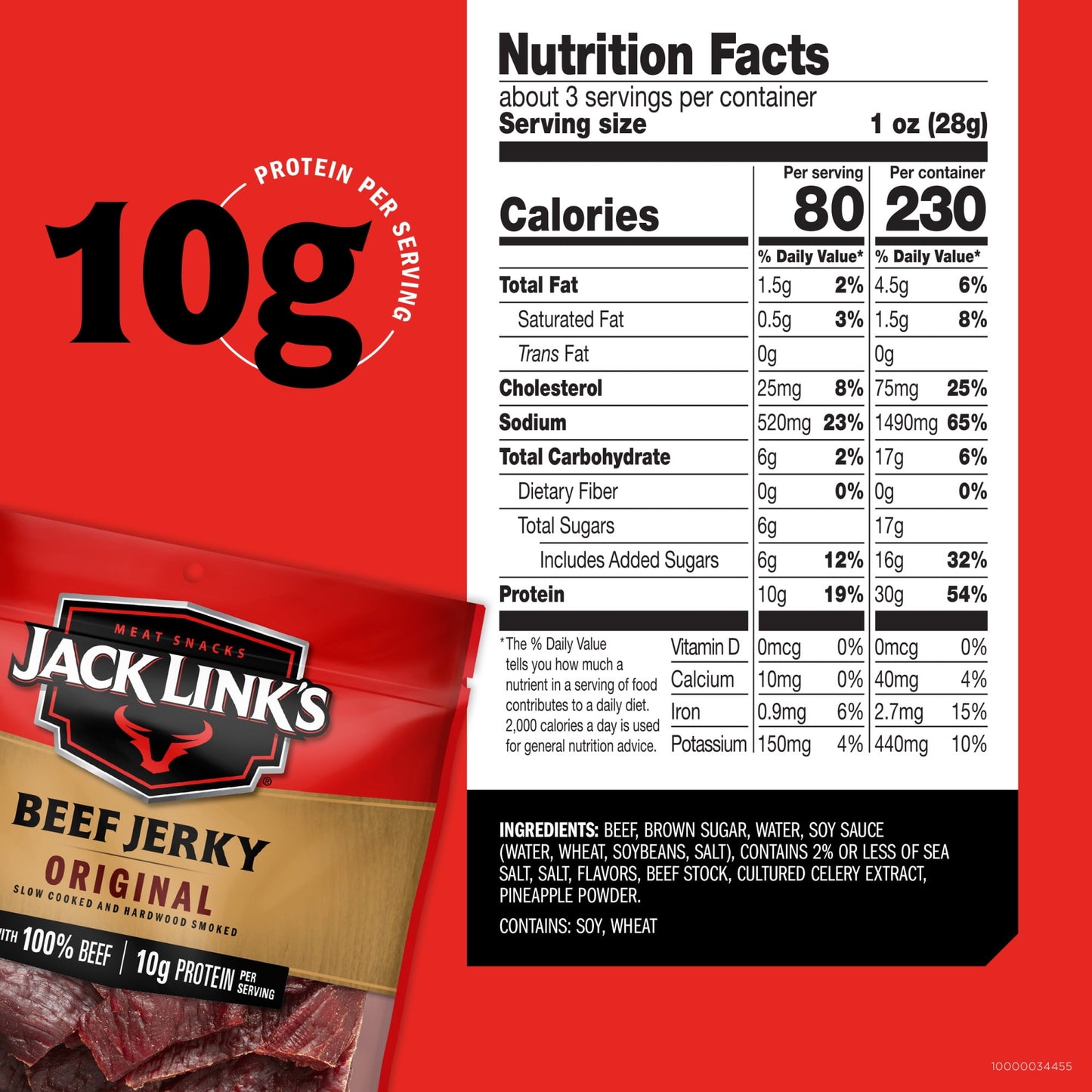 Jack Link’s Beef Jerky, 100% Beef, Original, 2.85 oz, 10g of Protein per Serving