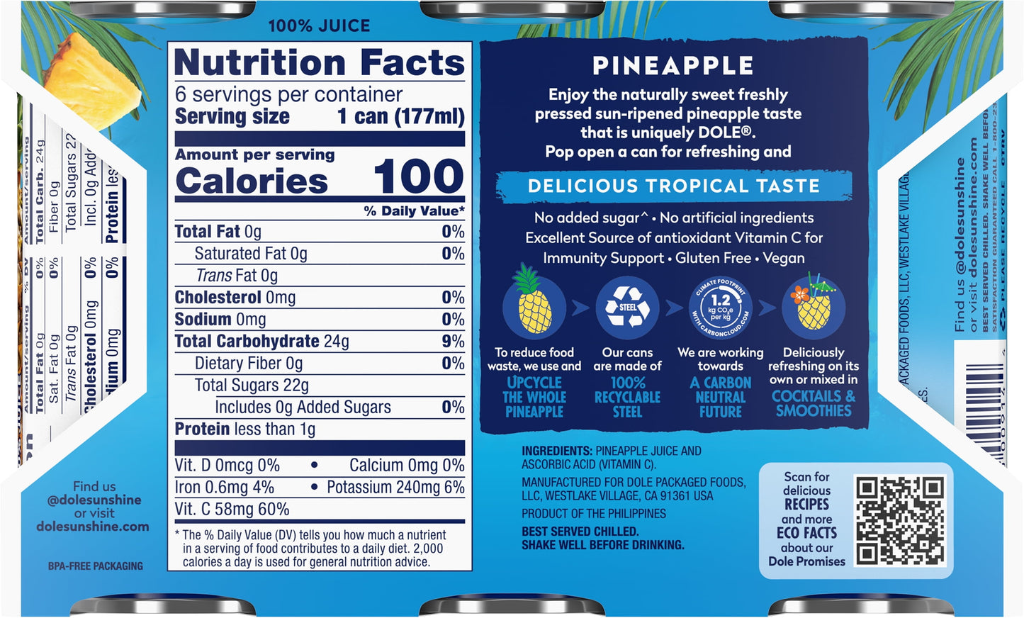 Dole All Natural 100% Pineapple Juice Can, 6 fl oz, 6 Count