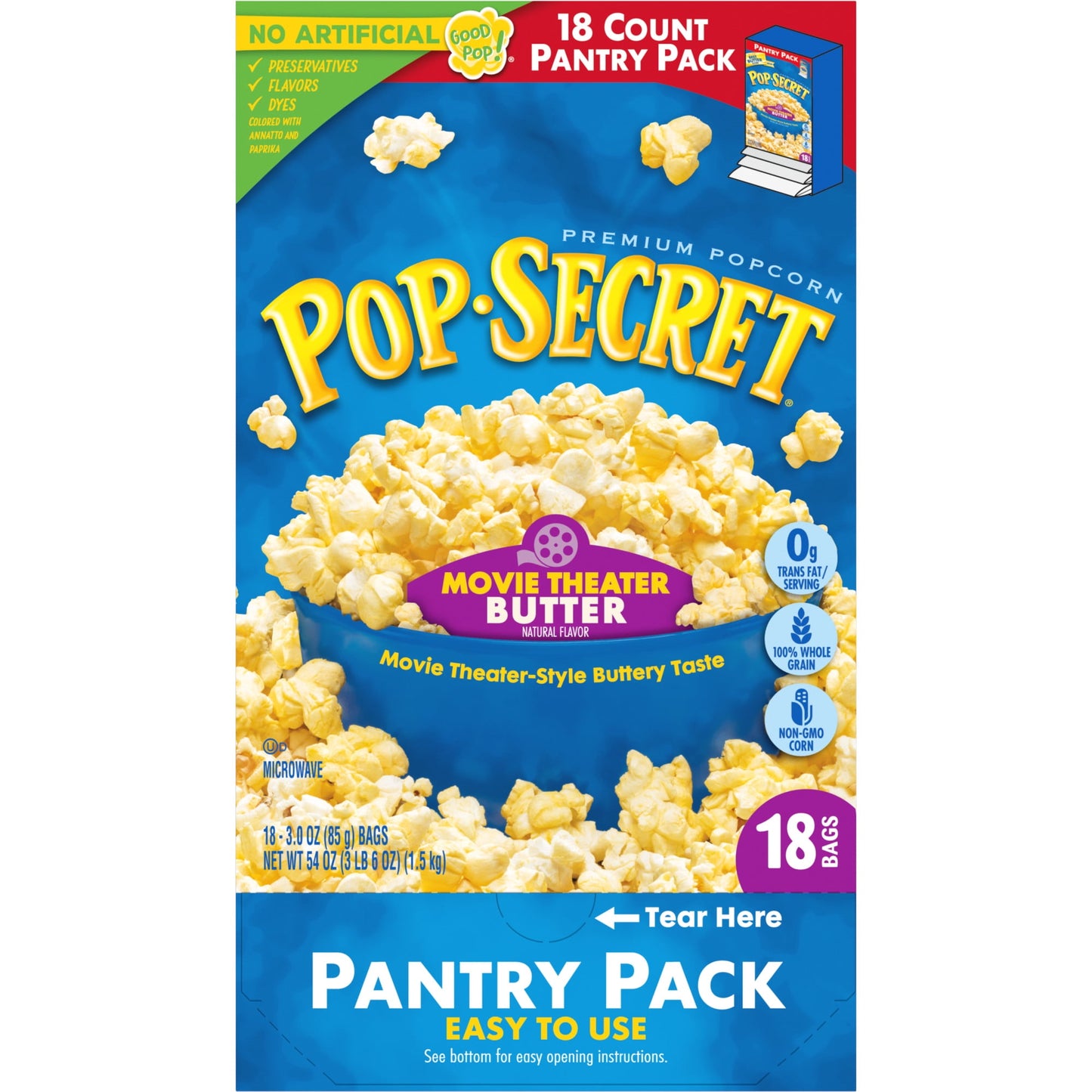 Pop Secret Microwave Popcorn, Movie Theater Butter Flavor, 3 oz Sharing Bags, 18 Ct
