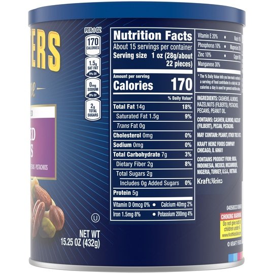 Planters Deluxe Unsalted Mixed Nuts with Cashews, Almonds, Hazelnuts, Pecans & Pistachios, 15.25 oz Canister