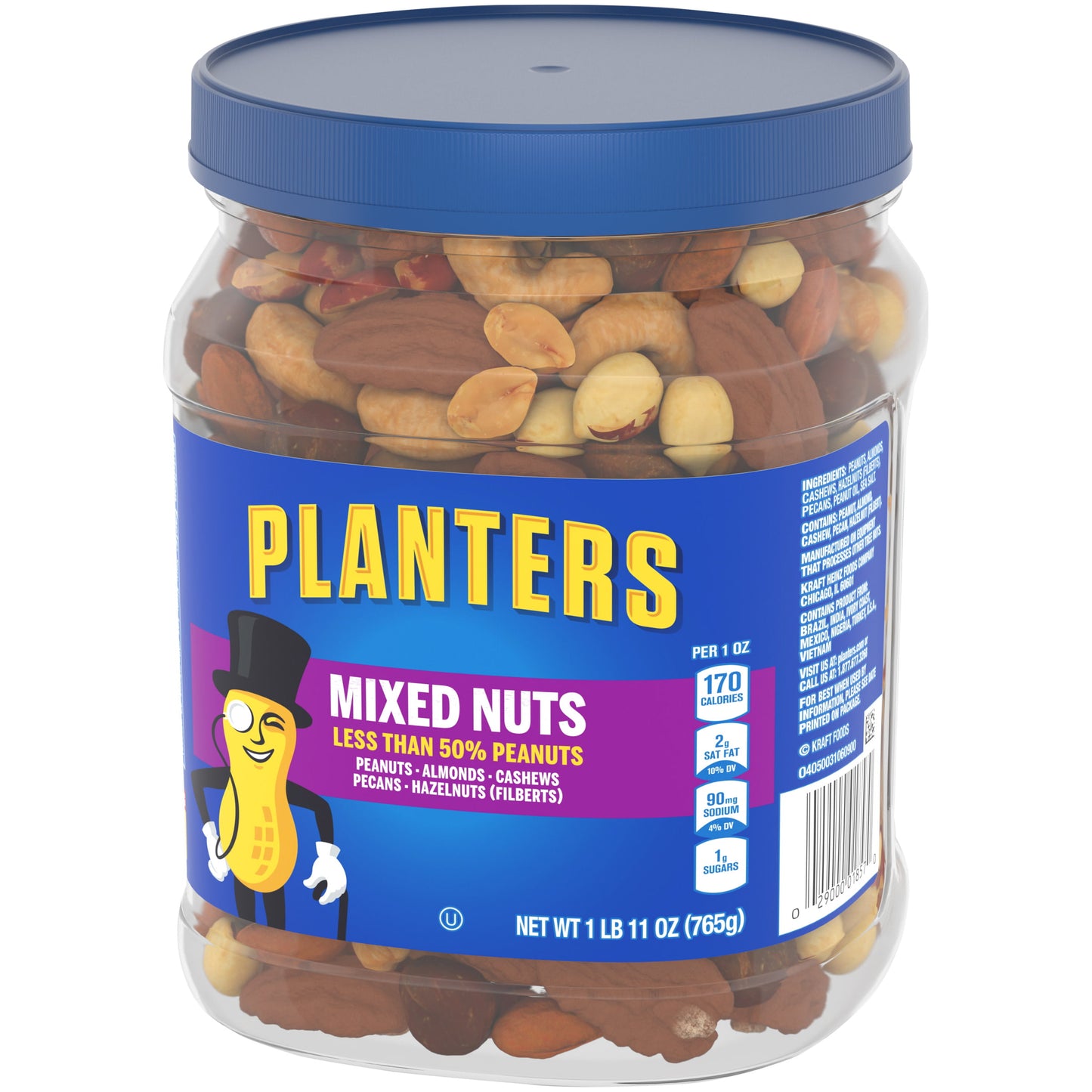 Planters Mixed Nuts Less Than 50% Peanuts with Peanuts, Almonds, Cashews, Pecans & Hazelnuts, 1.69 lb Container