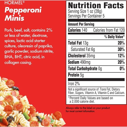 HORMEL, Beef - Pork Pepperoni Minis, Pizza Topping, Gluten Free, Original, 5 oz Plastic Resealable Package