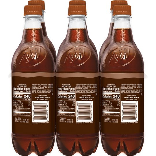 A&W Caffeine-Free, Low Sodium Root Beer Soda Pop, 16.9 Fl Oz, 6 Pack Bottles