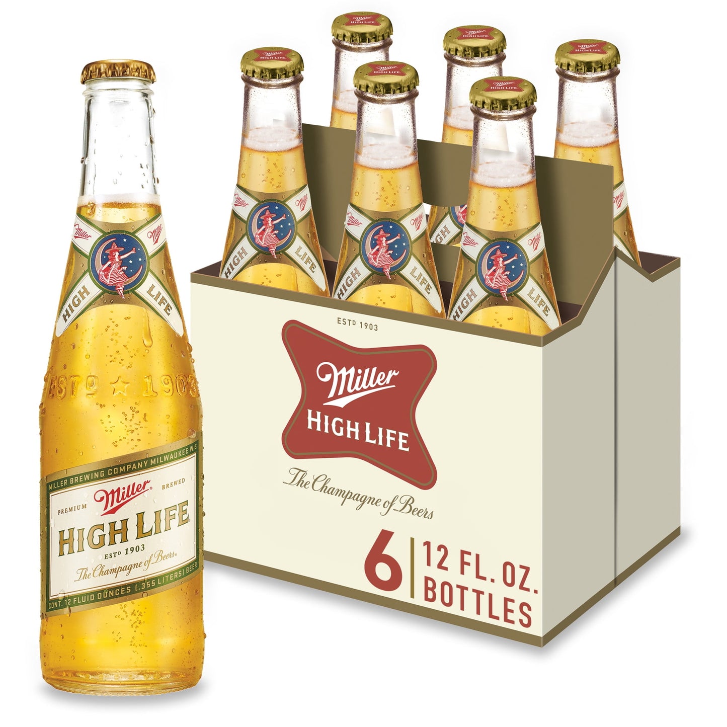 Miller High Life Lager Beer, 6 Pack, 12 fl oz Bottles, 4.6% ABV