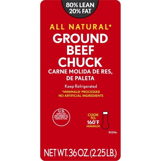 All Natural* 80% Lean/20% Fat Ground Beef Chuck, 2.25 lb Tray