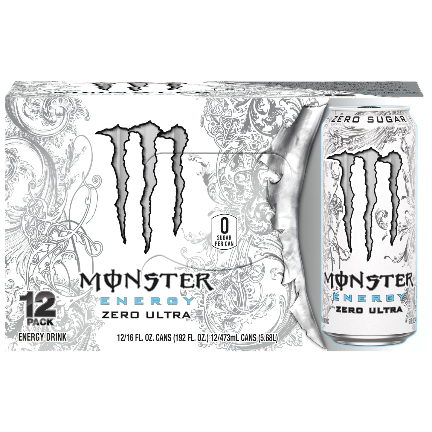 (12 Cans) Monster Zero Ultra, Sugar Free Energy Drink, 16 fl oz