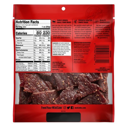 Jack Link’s Beef Jerky, Peppered, 100% Beef, 11g of Protein per Serving, 2.85 oz Bag