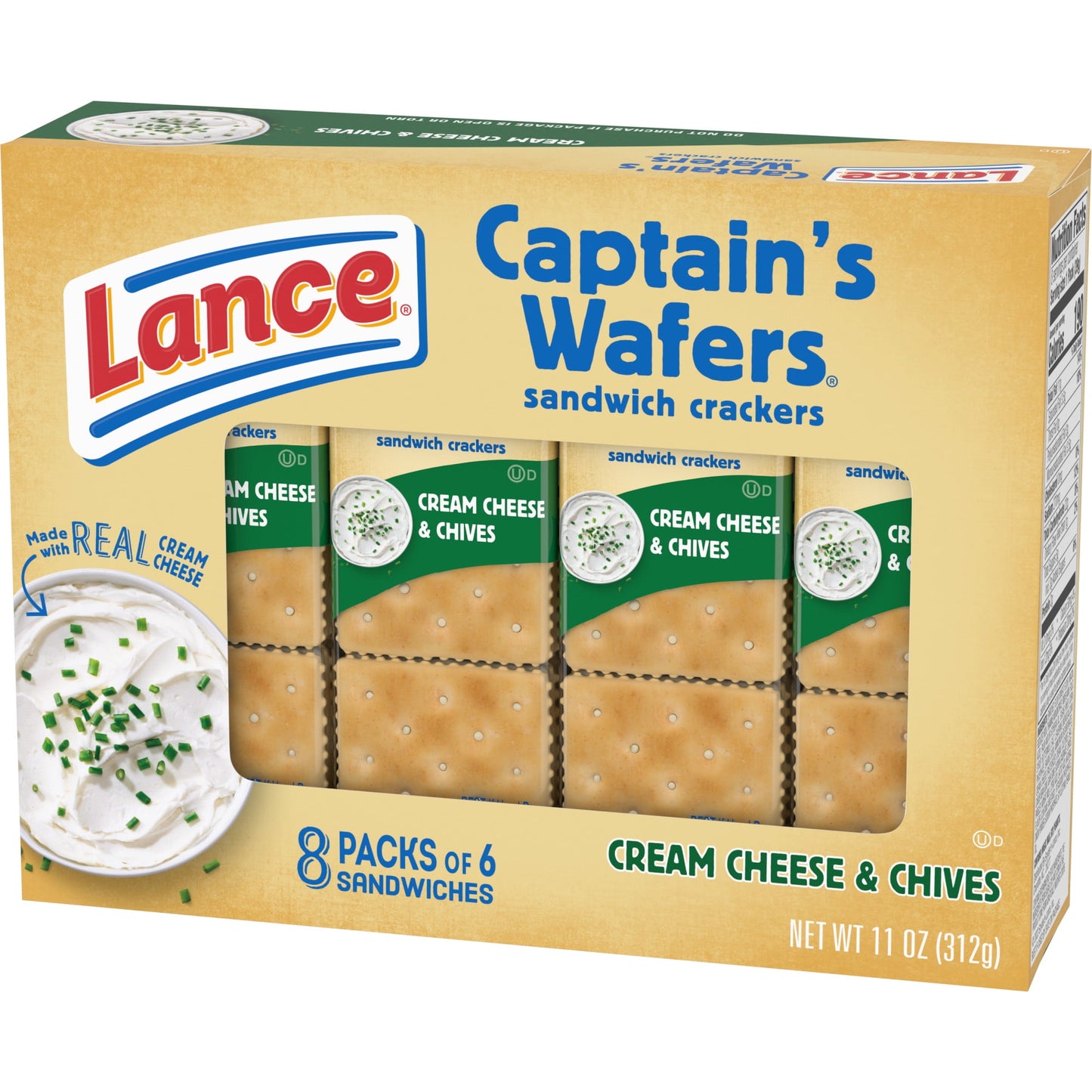 Lance Sandwich Crackers, Captain's Wafers Cream Cheese and Chives, 8 Packs, 6 Sandwiches Each