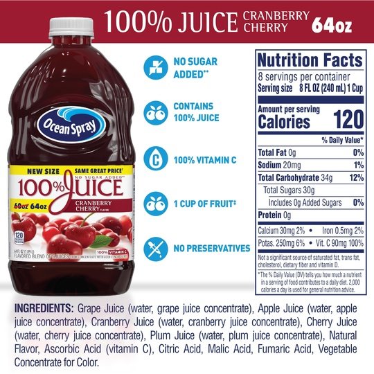 Ocean Spray 100% Juice Drink, Cranberry Cherry Flavor, 64 fl oz Bottle