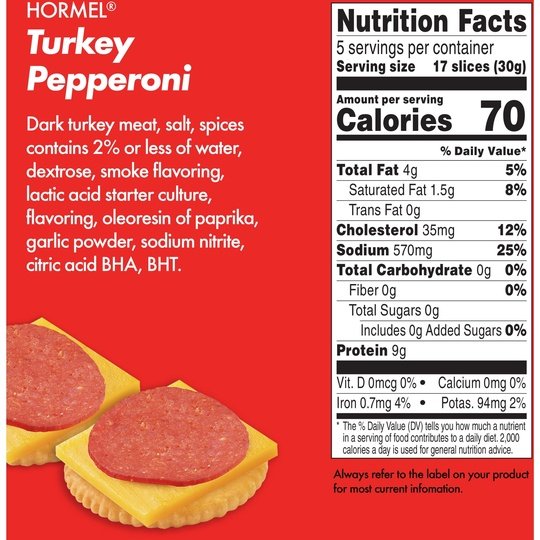 HORMEL, Turkey Pepperoni, Pizza Topping, Gluten Free, Original, 5 Oz Bag